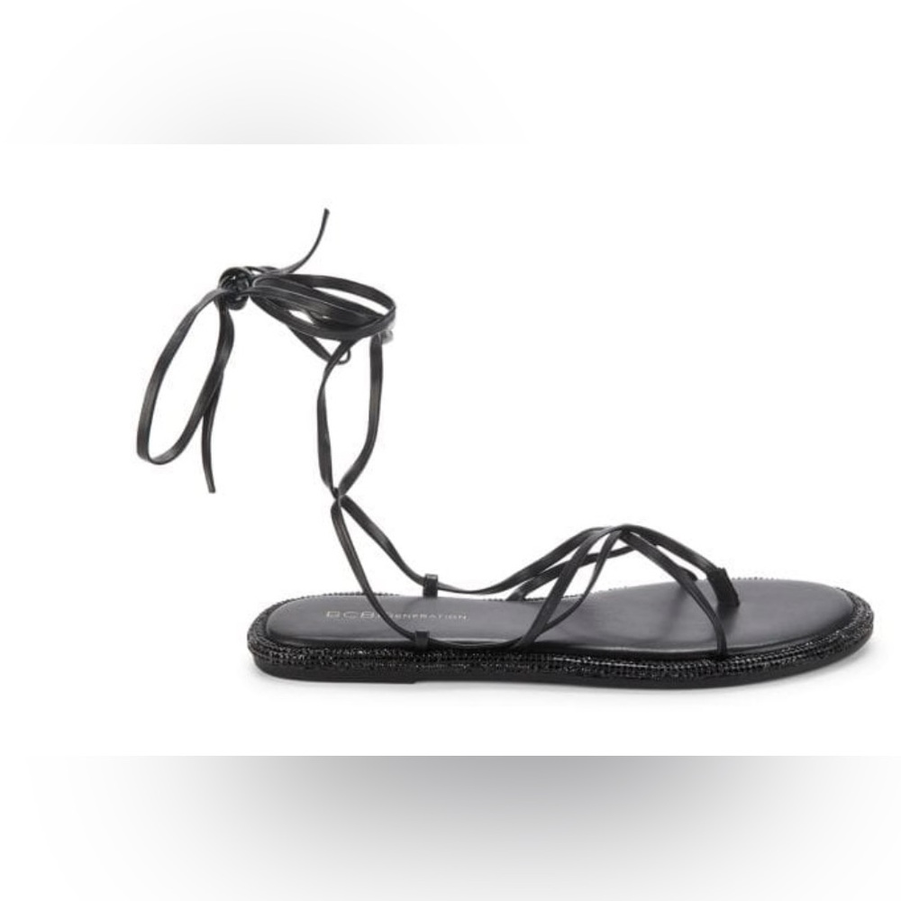 BCBGeneration Black Lace-Up Strappy Flat Sandals